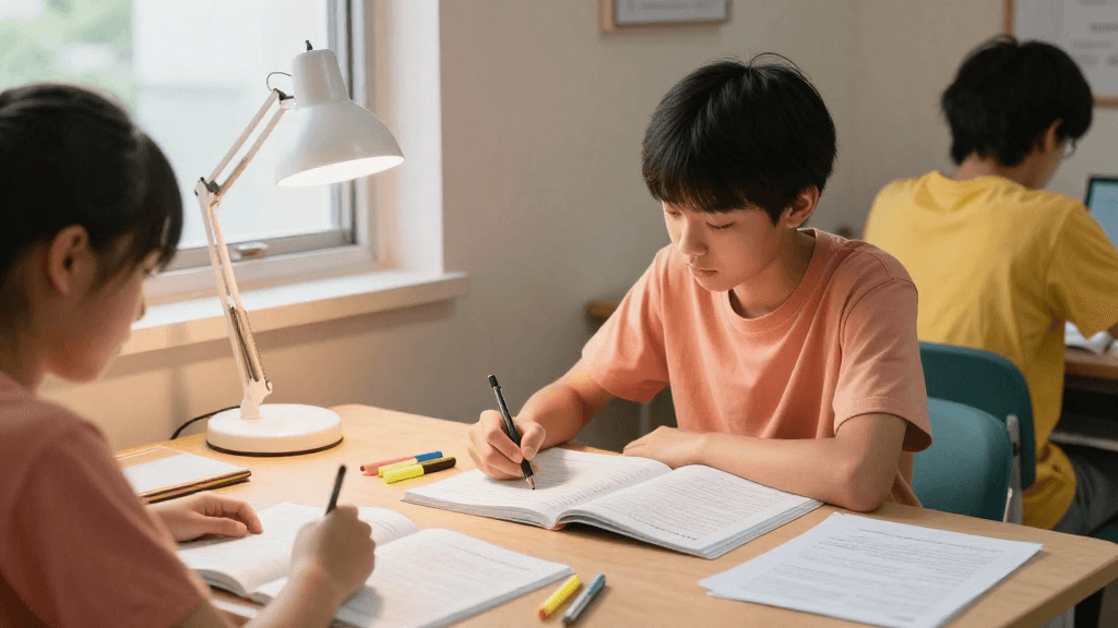 A notebook and stationery under a desk lamp