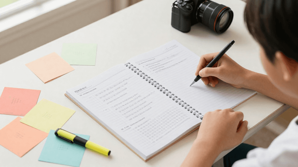 Colored pencils and a notebook on a desk