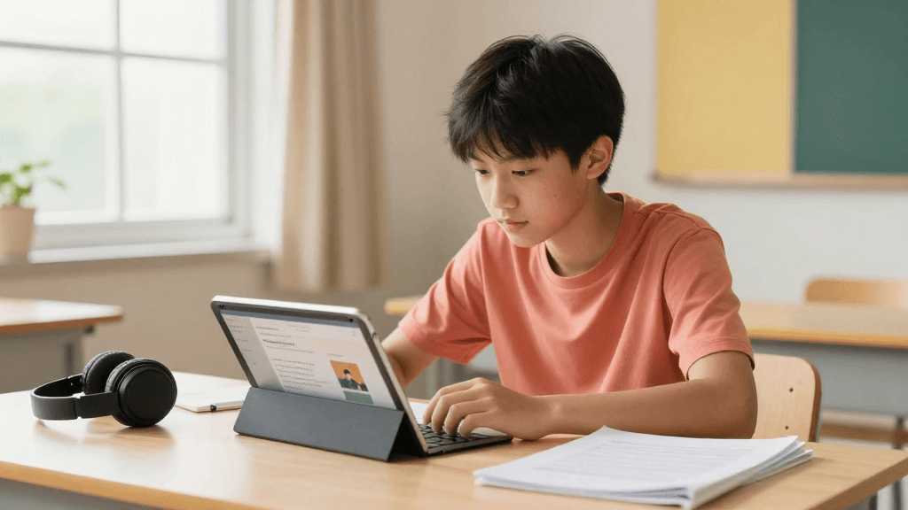 A student using a tablet to study English vocabulary
