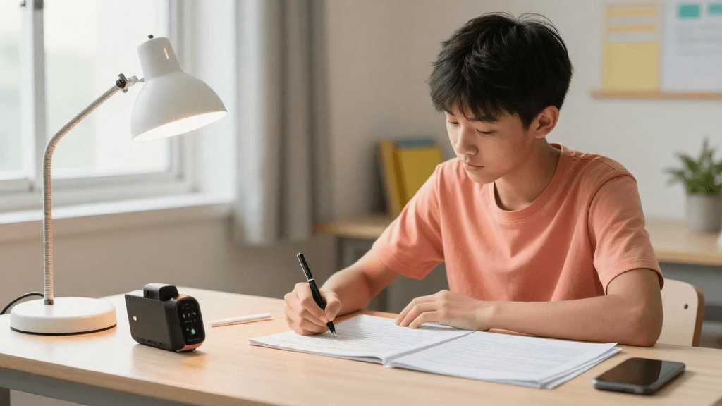 A child focused on finishing homework under a lamp
